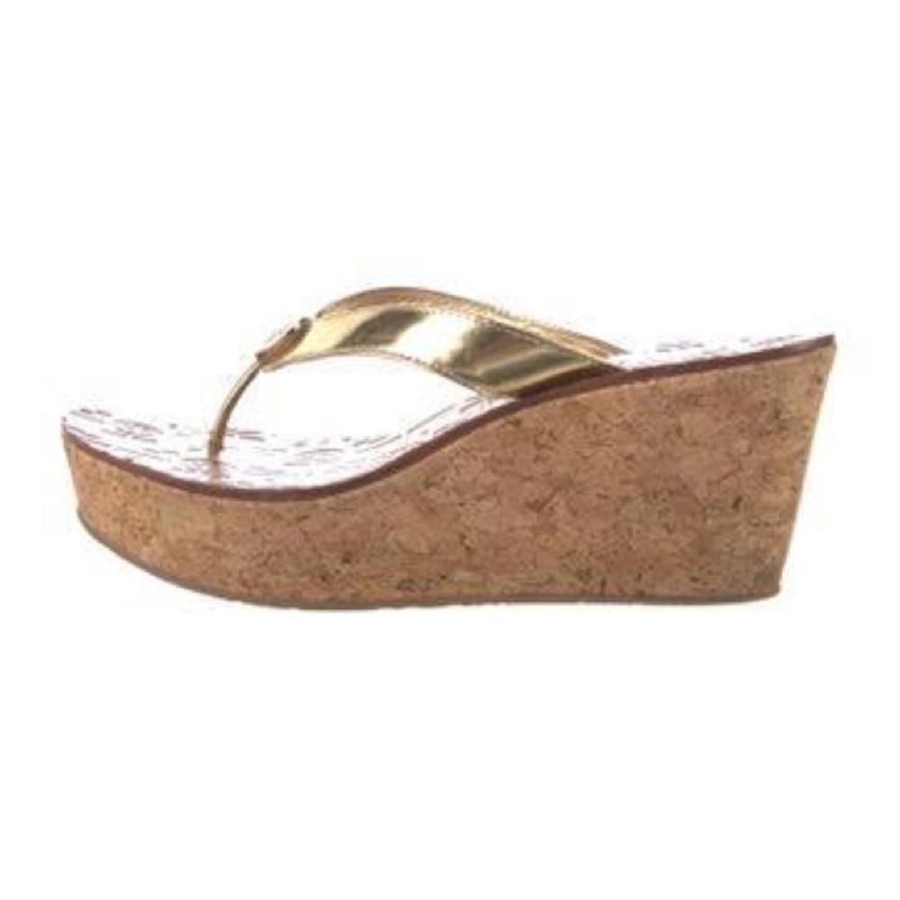 Tory Burch Gold Patent Leather Slip On Thong Sandals with Cork Platform